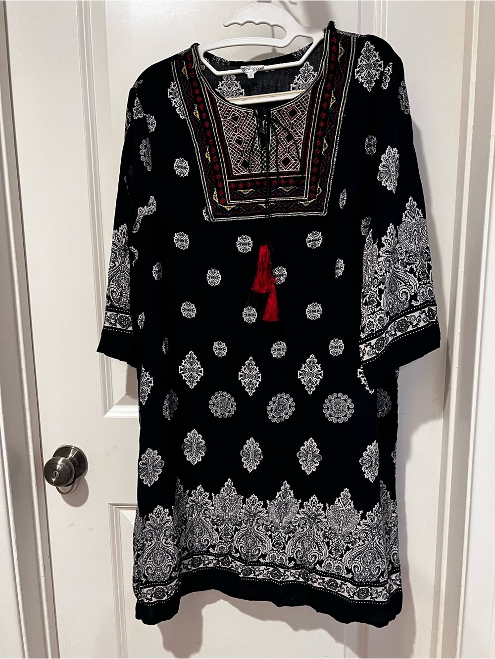 Navy blue Embroidered Tunic Top with Red Tassel Detail XL